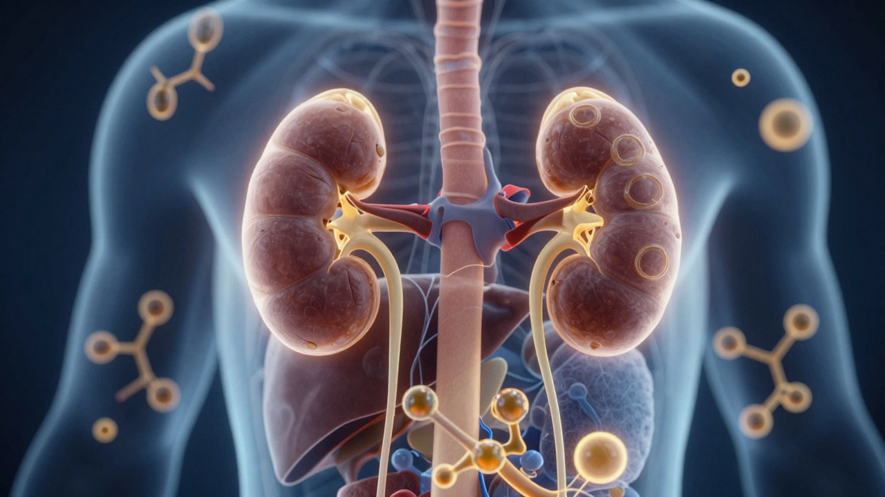 Стилизованное изображение почек и печени под нагрузкой от избытка белка