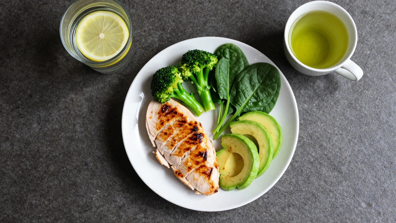 Здоровый рацион из индейки, брокколи и авокадо на темном фоне