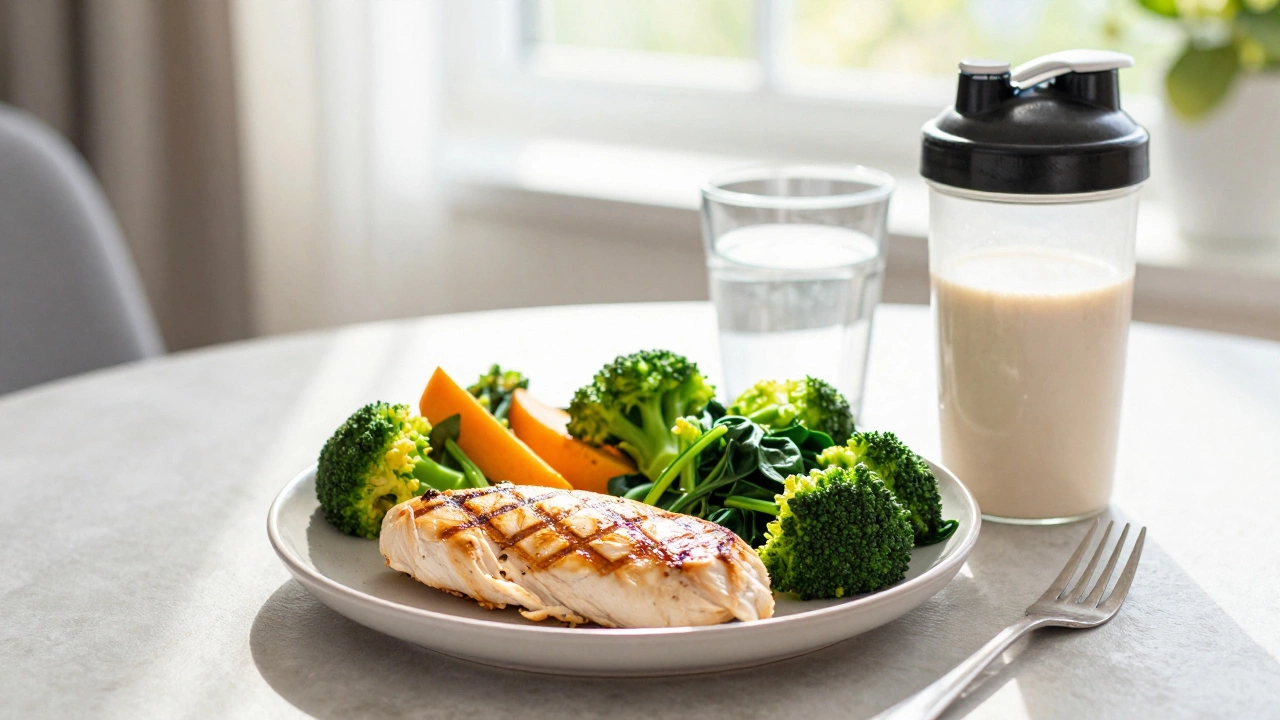Здоровый сбалансированный прием пищи с протеиновым коктейлем