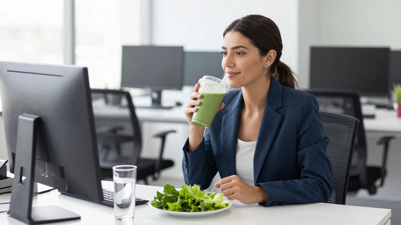 Женщина в офисе пьет протеиновый коктейль вместо перекуса