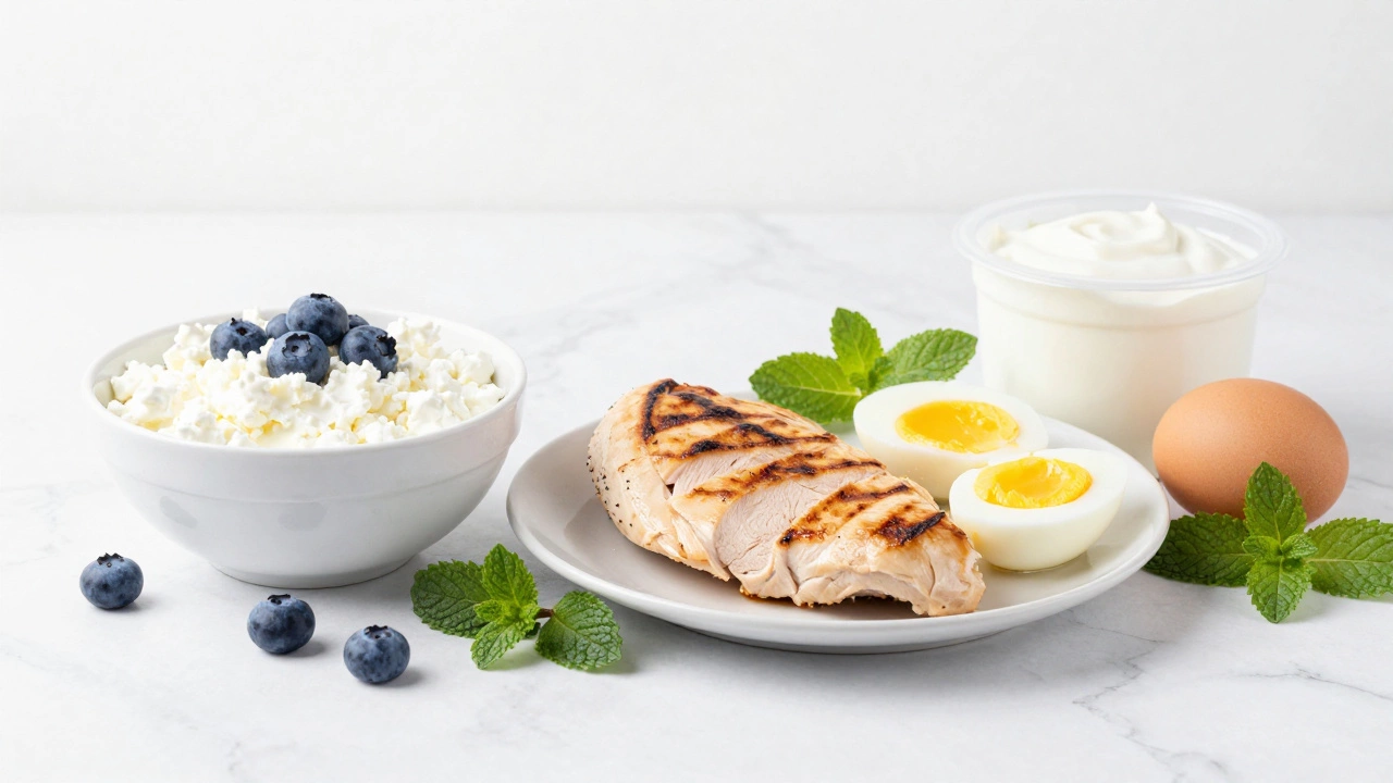 Набор продуктов с высоким содержанием белка: творог, курица, яйца