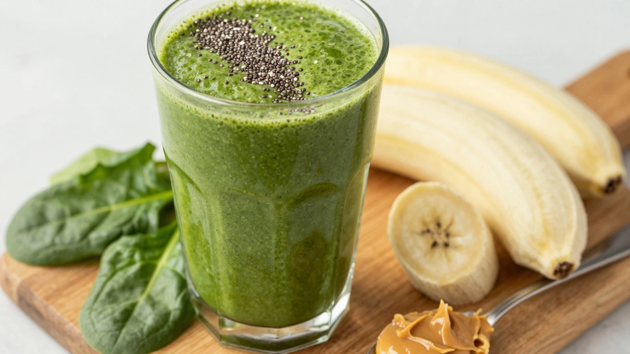 Green spinach and banana protein smoothie with chia seeds on a wooden board