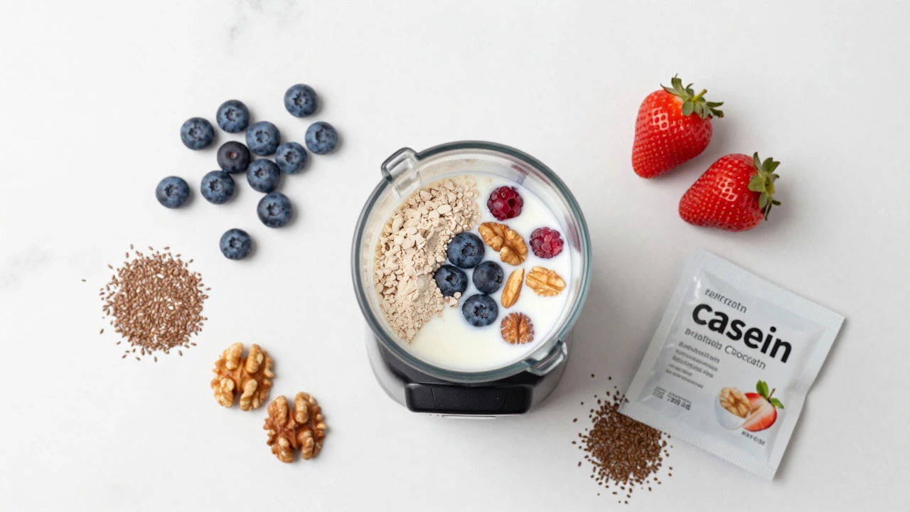 Overhead view of protein breakfast ingredients including berries, nuts, and milk