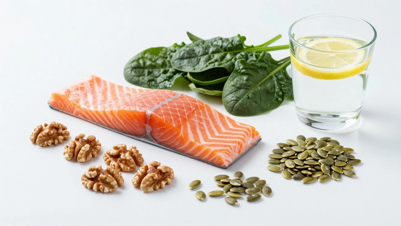 Полезные продукты: рыба, орехи, зелень и вода для энергии
